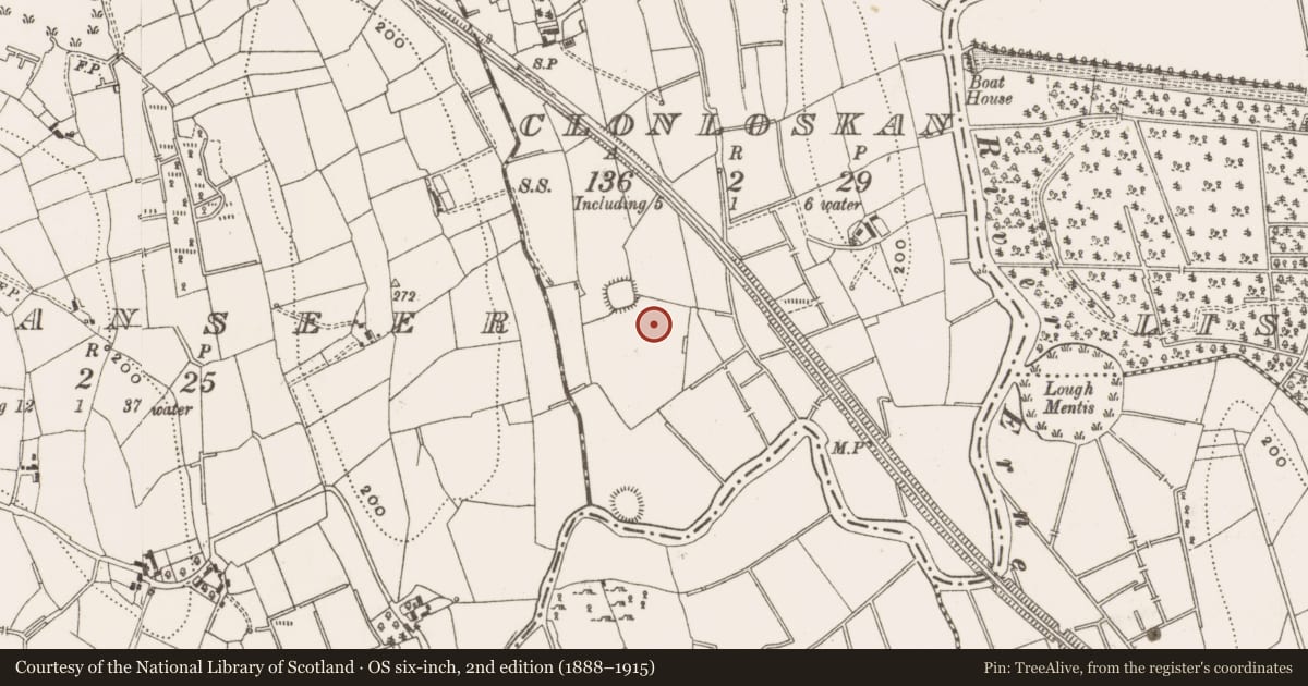 Ordnance Survey six-inch map, 2nd edition (1888–1915) covering the location of Ringfort - rath, Clonloskan, County Cavan, with a pin at the register's coordinates