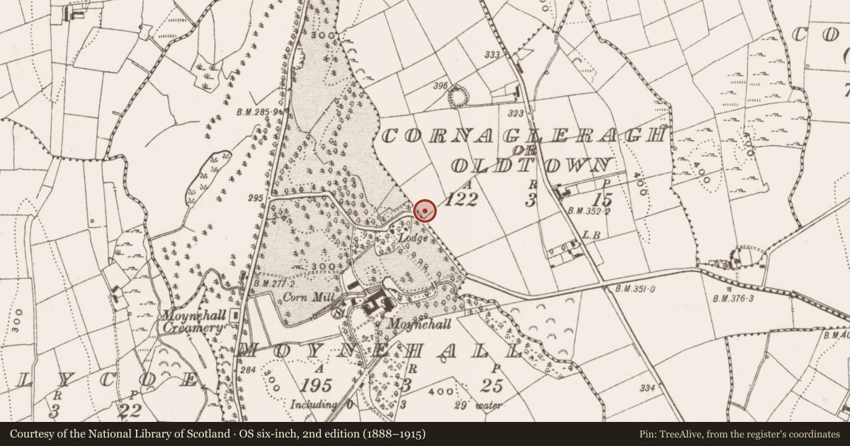 Ordnance Survey six-inch map, 2nd edition (1888–1915) covering the location of Burnt mound, Cornagleragh Or Oldtown, County Cavan, with a pin at the register's coordinates