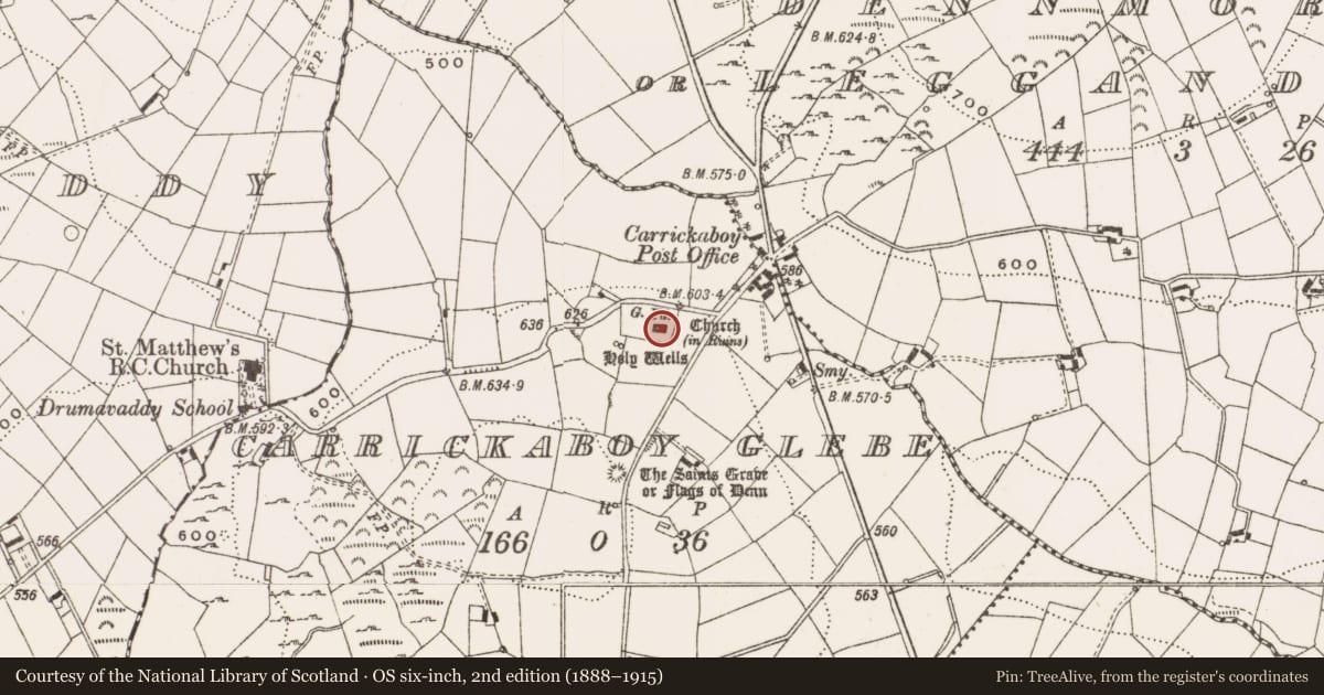 Ordnance Survey six-inch map, 2nd edition (1888–1915) covering the location of Church, Carrickaboy Glebe, County Cavan, with a pin at the register's coordinates
