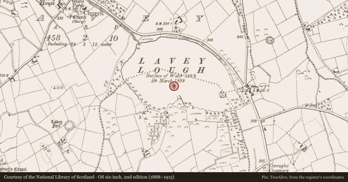 Ordnance Survey six-inch map, 2nd edition (1888–1915) covering the location of Crannog, Corragho, County Cavan, with a pin at the register's coordinates