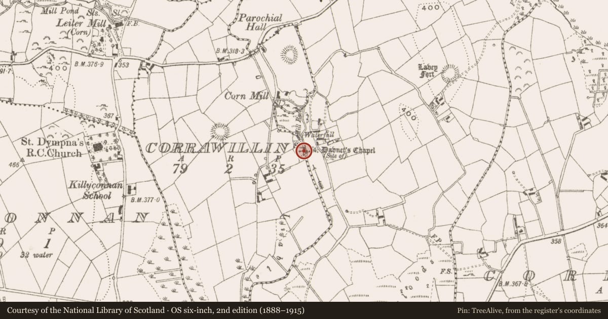 Ordnance Survey six-inch map, 2nd edition (1888–1915) covering the location of Church, Corrawillin, County Cavan, with a pin at the register's coordinates