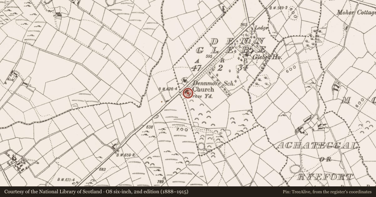 Ordnance Survey six-inch map, 2nd edition (1888–1915) covering the location of Graveyard, Denn Glebe, County Cavan, with a pin at the register's coordinates