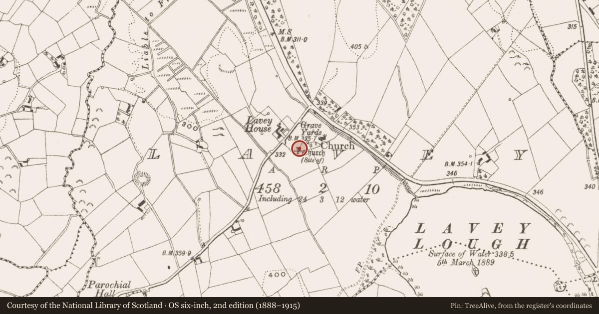 Ordnance Survey six-inch map, 2nd edition (1888–1915) covering the location of Church, Lavey, County Cavan, with a pin at the register's coordinates