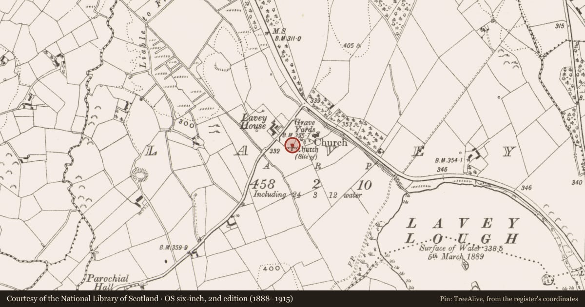 Ordnance Survey six-inch map, 2nd edition (1888–1915) covering the location of Sheela-na-gig, Lavey, County Cavan, with a pin at the register's coordinates