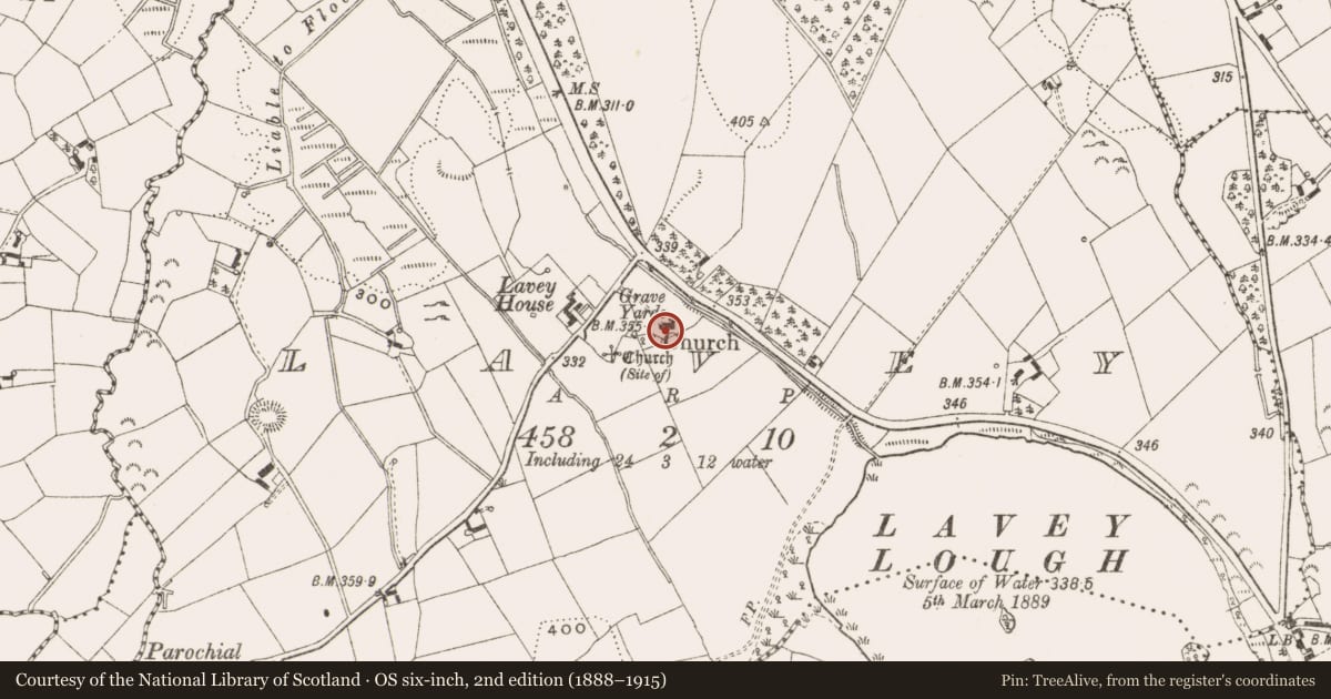 Ordnance Survey six-inch map, 2nd edition (1888–1915) covering the location of Graveyard, Lavey, County Cavan, with a pin at the register's coordinates