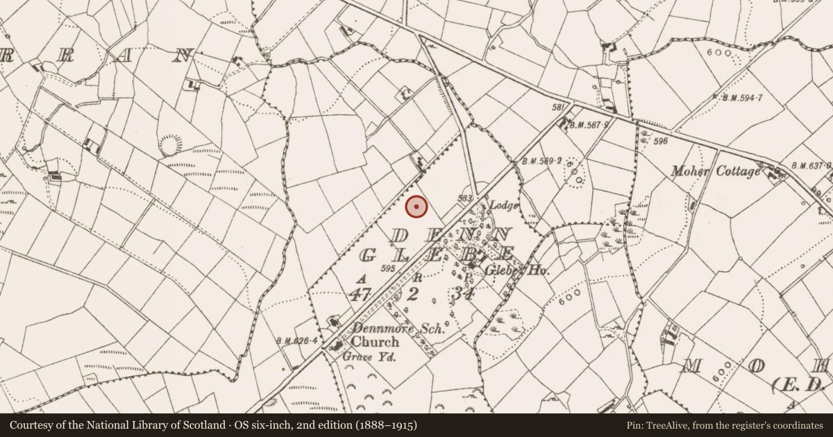 Ordnance Survey six-inch map, 2nd edition (1888–1915) covering the location of Enclosure, Denn Glebe, County Cavan, with a pin at the register's coordinates