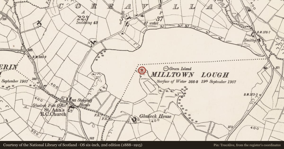 Ordnance Survey six-inch map, 2nd edition (1888–1915) covering the location of Promontory fort - inland, Glasleck, County Cavan, with a pin at the register's coordinates