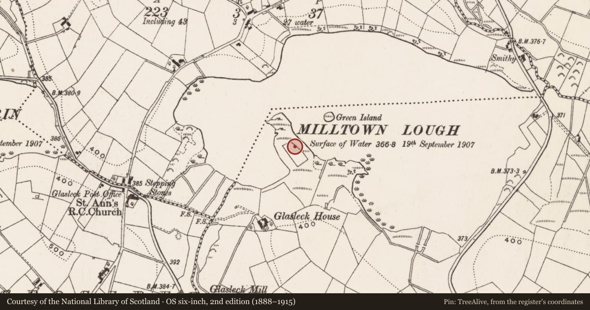 Ordnance Survey six-inch map, 2nd edition (1888–1915) covering the location of Enclosure, Glasleck, County Cavan, with a pin at the register's coordinates