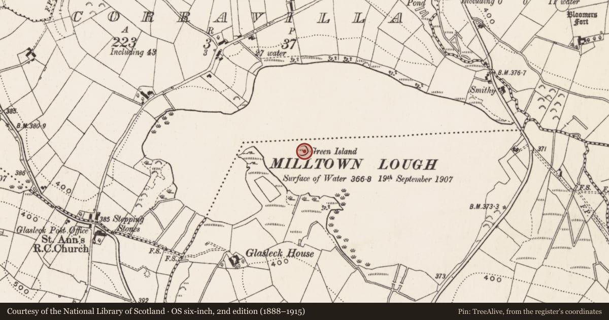 Ordnance Survey six-inch map, 2nd edition (1888–1915) covering the location of Crannog, Glasleck, County Cavan, with a pin at the register's coordinates