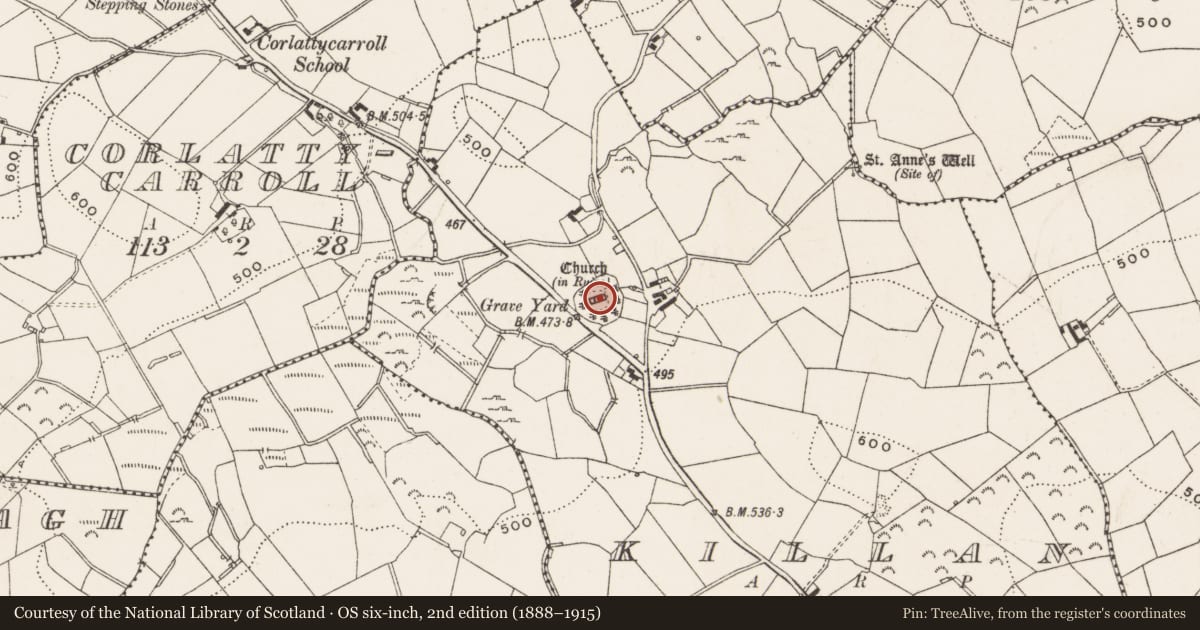 Ordnance Survey six-inch map, 2nd edition (1888–1915) covering the location of Church, Killan, County Cavan, with a pin at the register's coordinates
