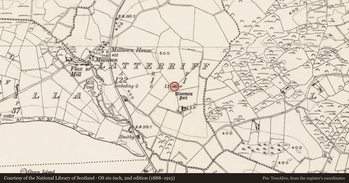 Ordnance Survey six-inch map, 2nd edition (1888–1915) covering the location of Ringfort - rath, Latterriff, County Cavan, with a pin at the register's coordinates