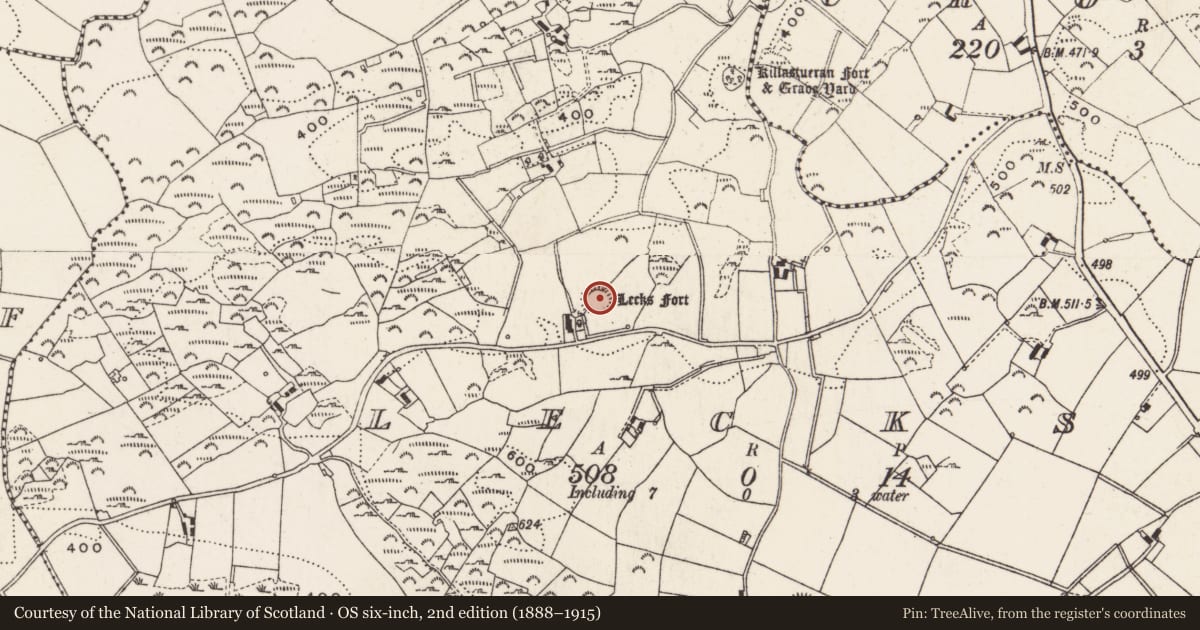 Ordnance Survey six-inch map, 2nd edition (1888–1915) covering the location of Ringfort - rath, Lecks, County Cavan, with a pin at the register's coordinates