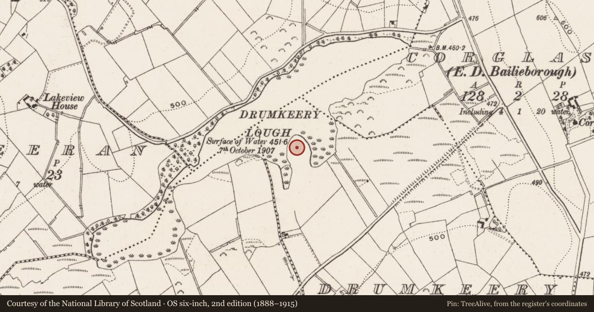Ordnance Survey six-inch map, 2nd edition (1888–1915) covering the location of Crannog, Drumkeery, County Cavan, with a pin at the register's coordinates