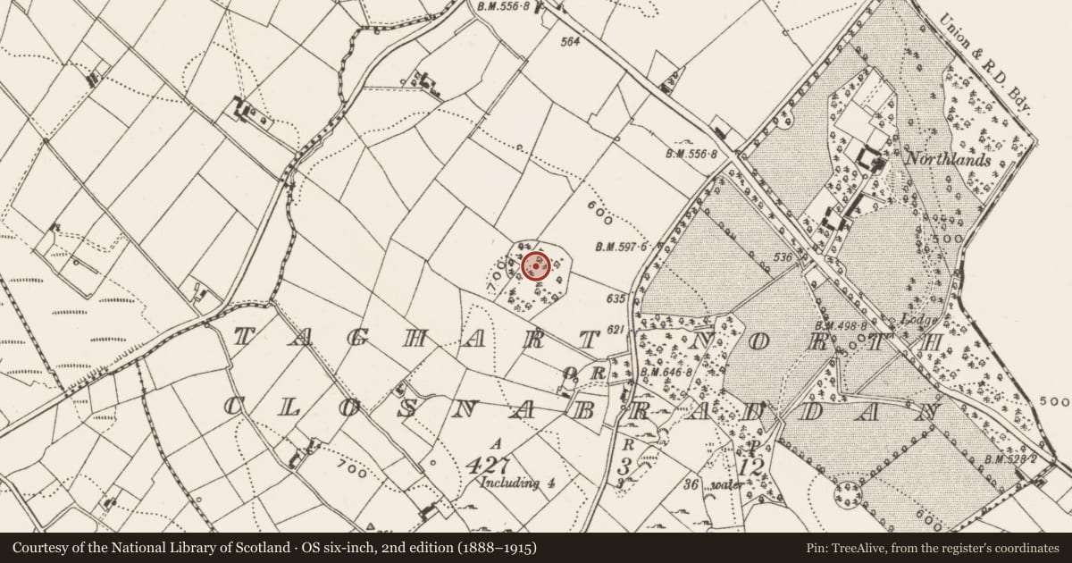 Ordnance Survey six-inch map, 2nd edition (1888–1915) covering the location of Enclosure, Taghart North Or Closnabraddan, County Cavan, with a pin at the register's coordinates