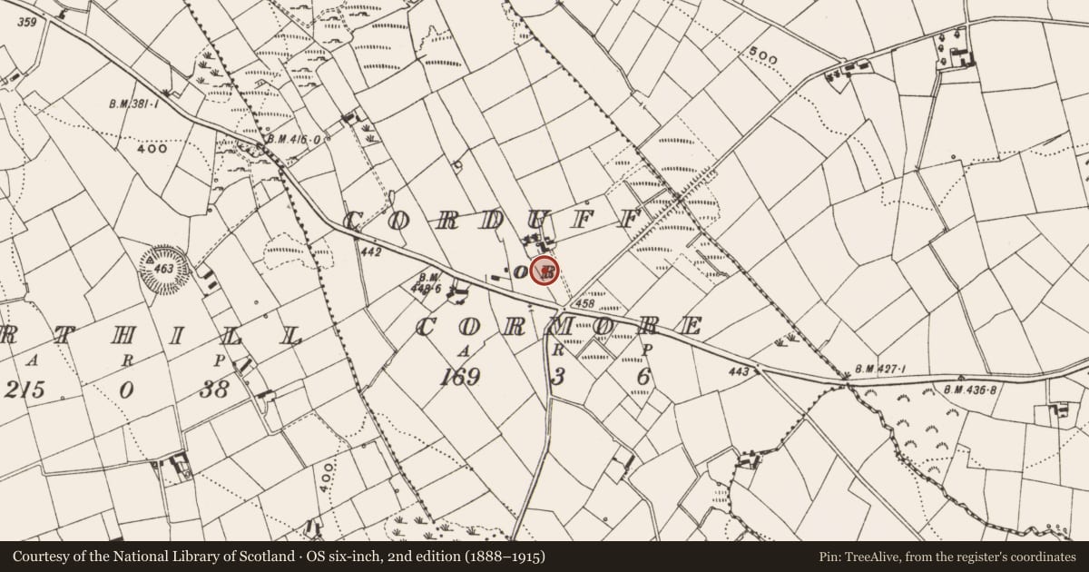 Ordnance Survey six-inch map, 2nd edition (1888–1915) covering the location of Megalithic structure, Corduff Or Cormore, County Cavan, with a pin at the register's coordinates