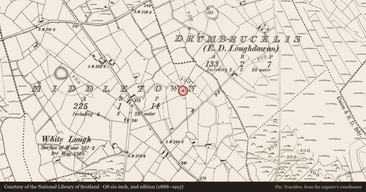 Ordnance Survey six-inch map, 2nd edition (1888–1915) covering the location of Enclosure, Middletown, County Cavan, with a pin at the register's coordinates
