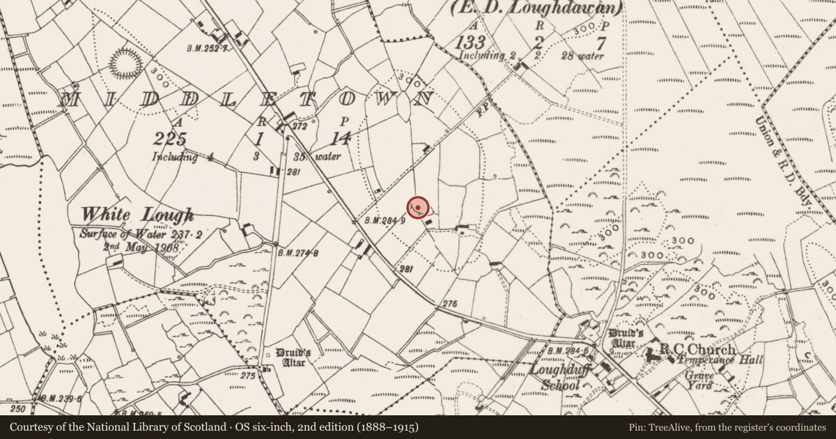 Ordnance Survey six-inch map, 2nd edition (1888–1915) covering the location of Enclosure, Middletown, County Cavan, with a pin at the register's coordinates