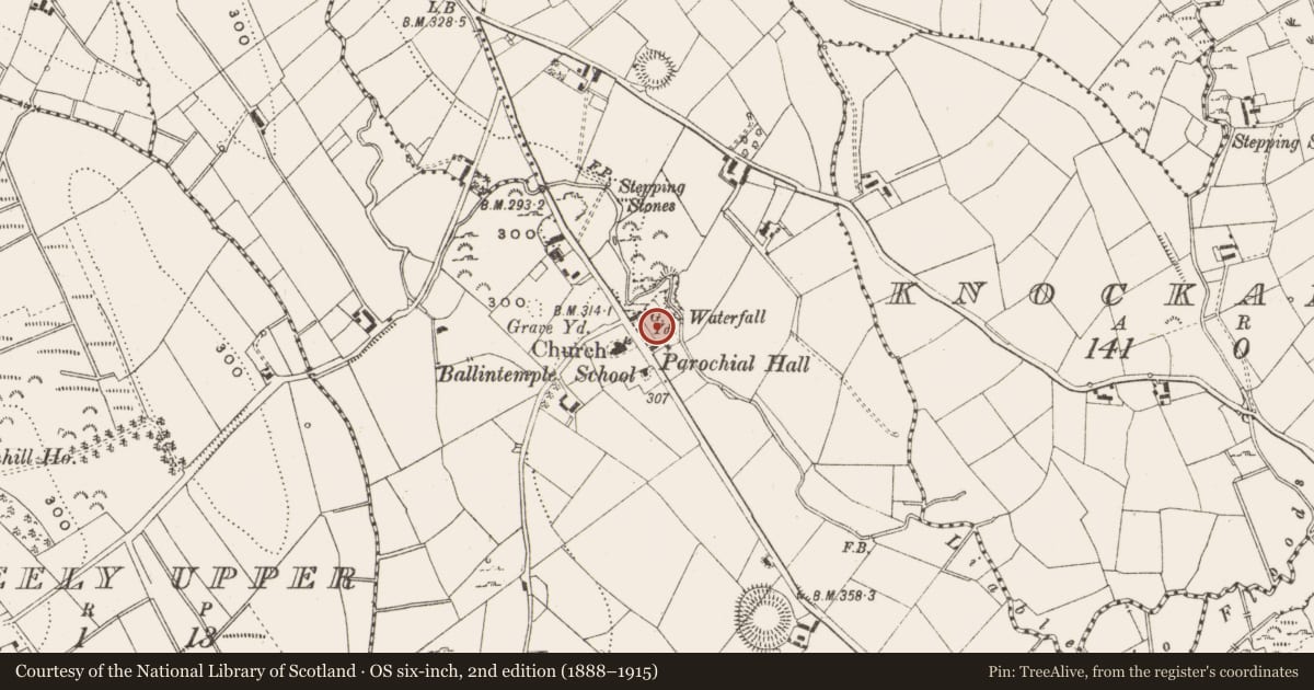 Ordnance Survey six-inch map, 2nd edition (1888–1915) covering the location of Graveyard, Ballintemple, County Cavan, with a pin at the register's coordinates