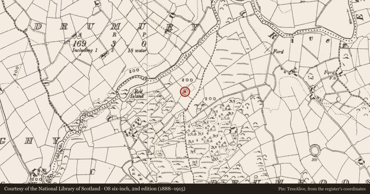 Ordnance Survey six-inch map, 2nd edition (1888–1915) covering the location of Megalithic tomb - portal tomb, Carrickclevan, County Cavan, with a pin at the register's coordinates