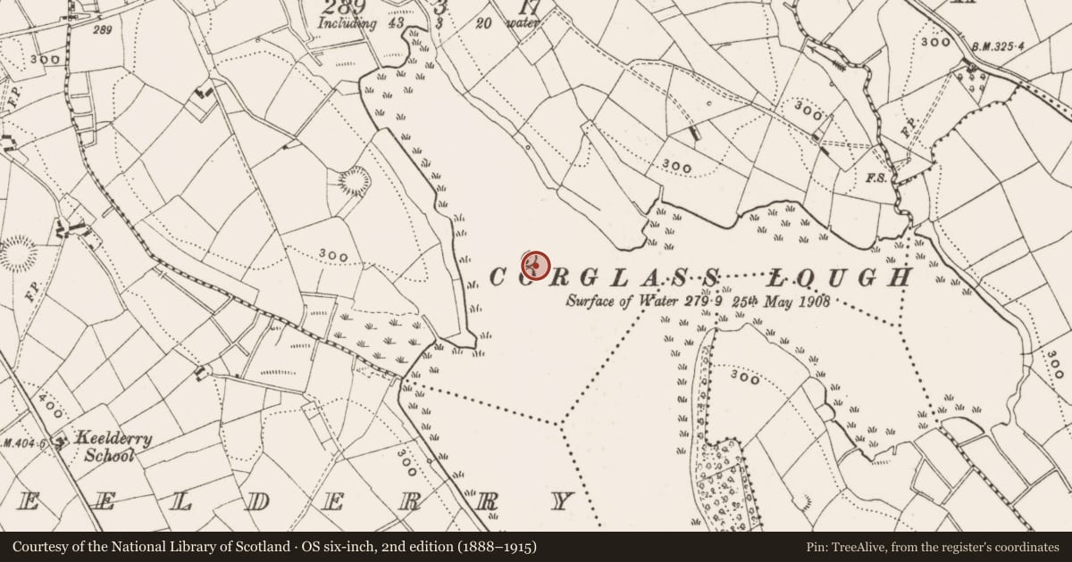 Ordnance Survey six-inch map, 2nd edition (1888–1915) covering the location of Crannog, Corglass, County Cavan, with a pin at the register's coordinates