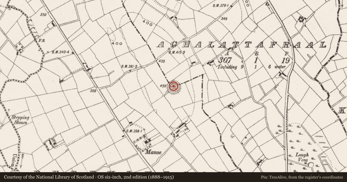 Ordnance Survey six-inch map, 2nd edition (1888–1915) covering the location of Ringfort - rath, Aghalattafraal, Derrylurgan, County Cavan, with a pin at the register's coordinates