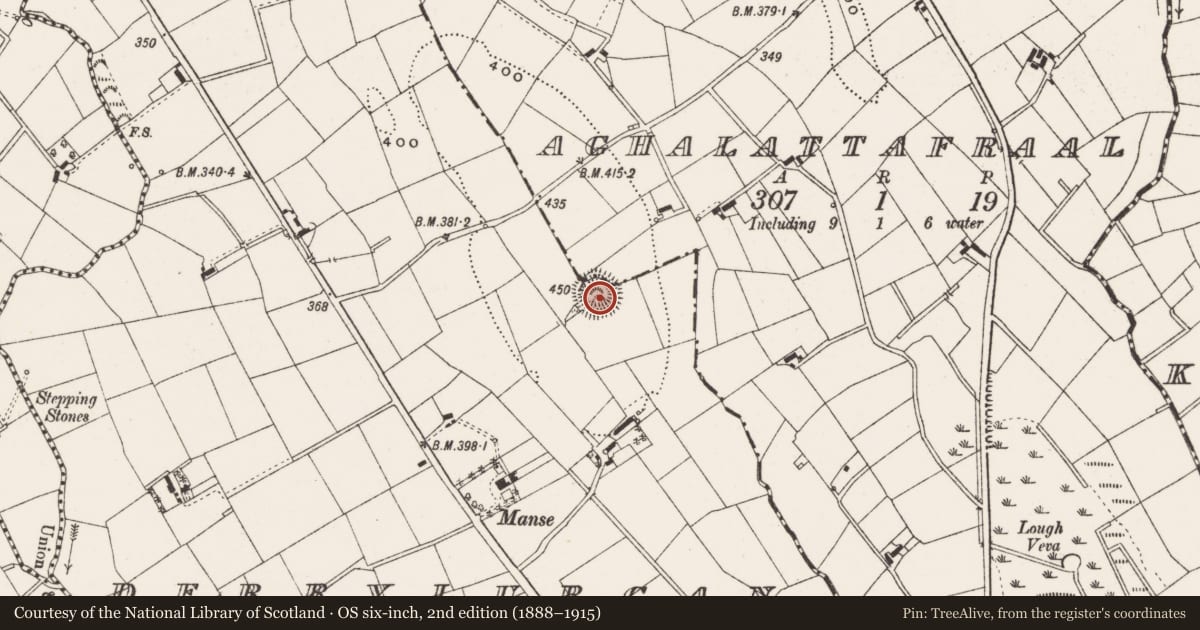 Ordnance Survey six-inch map, 2nd edition (1888–1915) covering the location of Souterrain, Aghalattafraal, Derrylurgan, County Cavan, with a pin at the register's coordinates