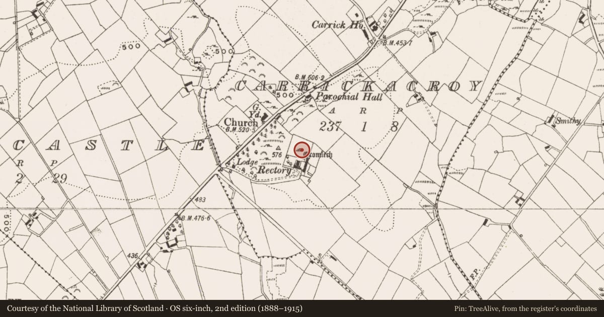 Ordnance Survey six-inch map, 2nd edition (1888–1915) covering the location of Megalithic tomb - portal tomb, Carrickacroy, County Cavan, with a pin at the register's coordinates