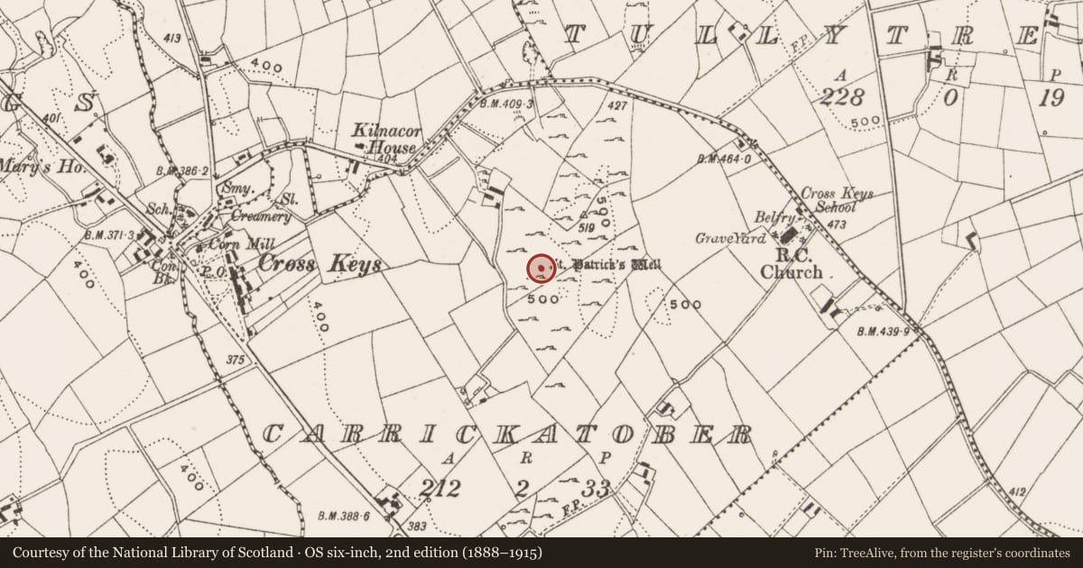 Ordnance Survey six-inch map, 2nd edition (1888–1915) covering the location of Ritual site - holy well, Carrickatober, County Cavan, with a pin at the register's coordinates