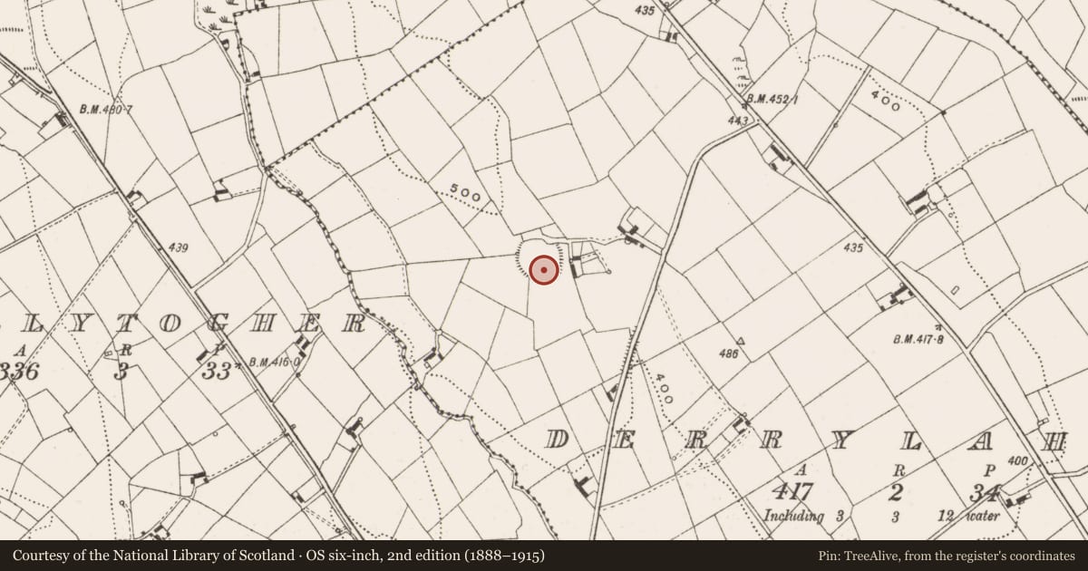 Ordnance Survey six-inch map, 2nd edition (1888–1915) covering the location of Ringfort - rath, Derrylahan, County Cavan, with a pin at the register's coordinates