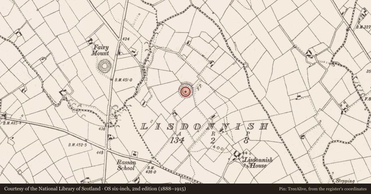Ordnance Survey six-inch map, 2nd edition (1888–1915) covering the location of Ringfort - rath, Lisdonnish, County Cavan, with a pin at the register's coordinates