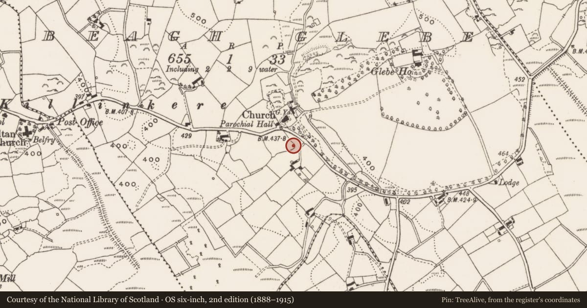 Ordnance Survey six-inch map, 2nd edition (1888–1915) covering the location of Cross, Beagh Glebe, County Cavan, with a pin at the register's coordinates