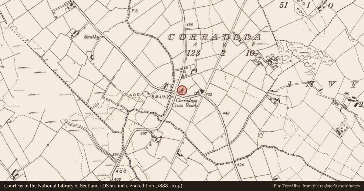 Ordnance Survey six-inch map, 2nd edition (1888–1915) covering the location of Kiln, Corradooa, County Cavan, with a pin at the register's coordinates