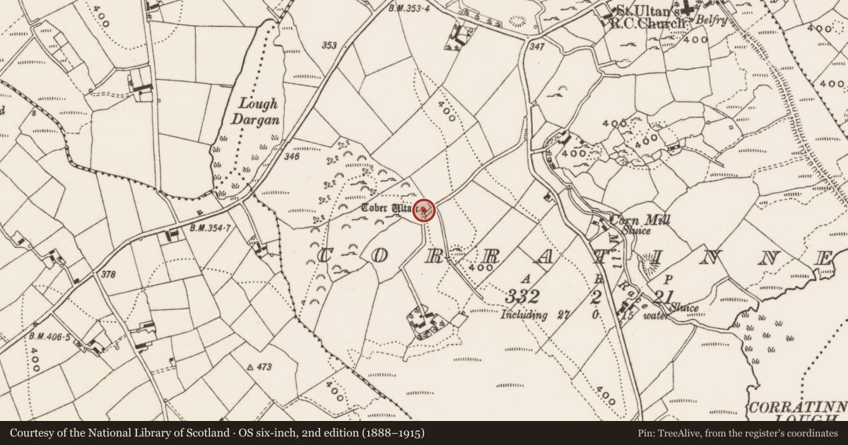 Ordnance Survey six-inch map, 2nd edition (1888–1915) covering the location of Ritual site - holy well, Corratinner, County Cavan, with a pin at the register's coordinates