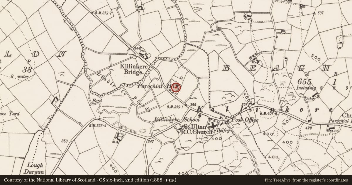 Ordnance Survey six-inch map, 2nd edition (1888–1915) covering the location of Cross, Corratinner, County Cavan, with a pin at the register's coordinates