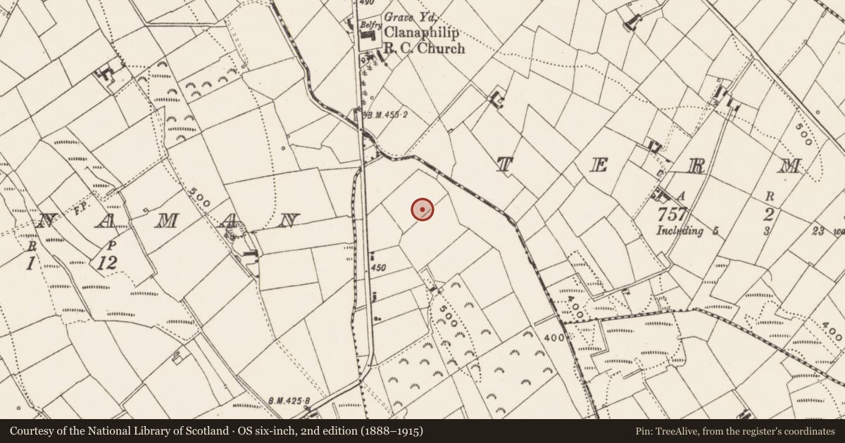 Ordnance Survey six-inch map, 2nd edition (1888–1915) covering the location of Church, Drumederglass, County Cavan, with a pin at the register's coordinates