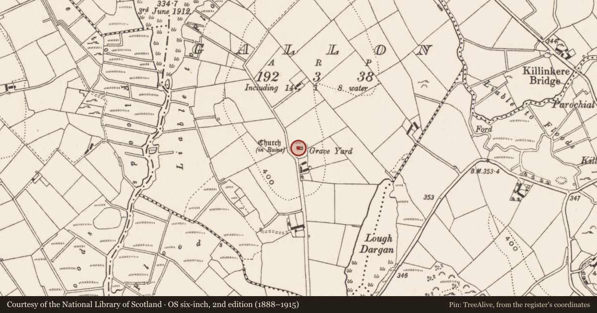 Ordnance Survey six-inch map, 2nd edition (1888–1915) covering the location of Church, Gallon, County Cavan, with a pin at the register's coordinates
