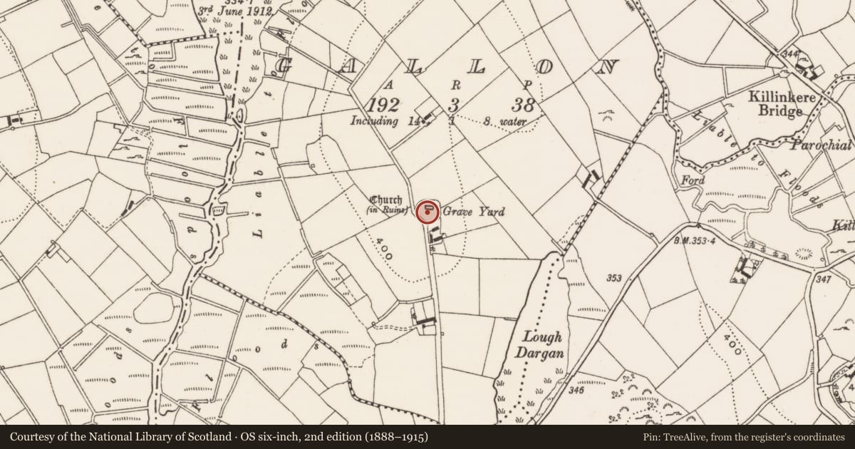 Ordnance Survey six-inch map, 2nd edition (1888–1915) covering the location of Graveyard, Gallon, County Cavan, with a pin at the register's coordinates