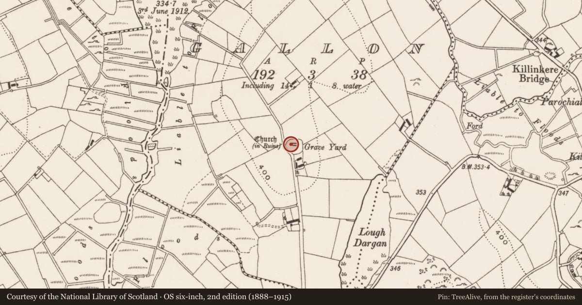 Ordnance Survey six-inch map, 2nd edition (1888–1915) covering the location of Mausoleum, Gallon, County Cavan, with a pin at the register's coordinates