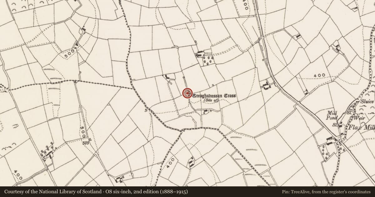 Ordnance Survey six-inch map, 2nd edition (1888–1915) covering the location of Enclosure, Greaghadossan, County Cavan, with a pin at the register's coordinates