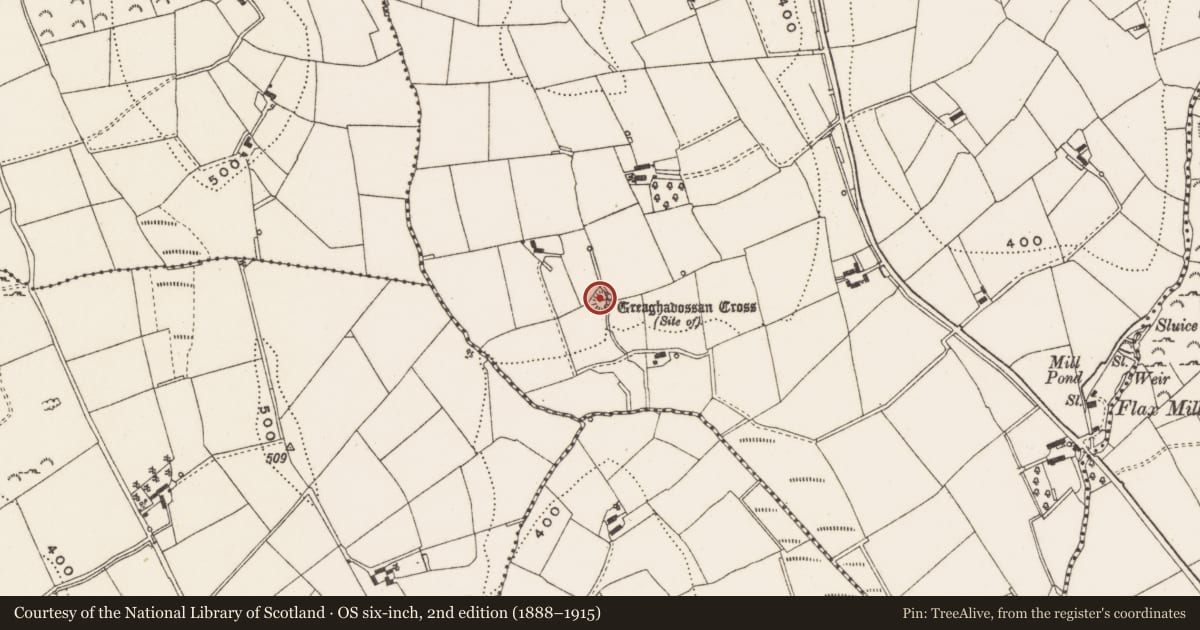 Ordnance Survey six-inch map, 2nd edition (1888–1915) covering the location of Cross, Greaghadossan, County Cavan, with a pin at the register's coordinates