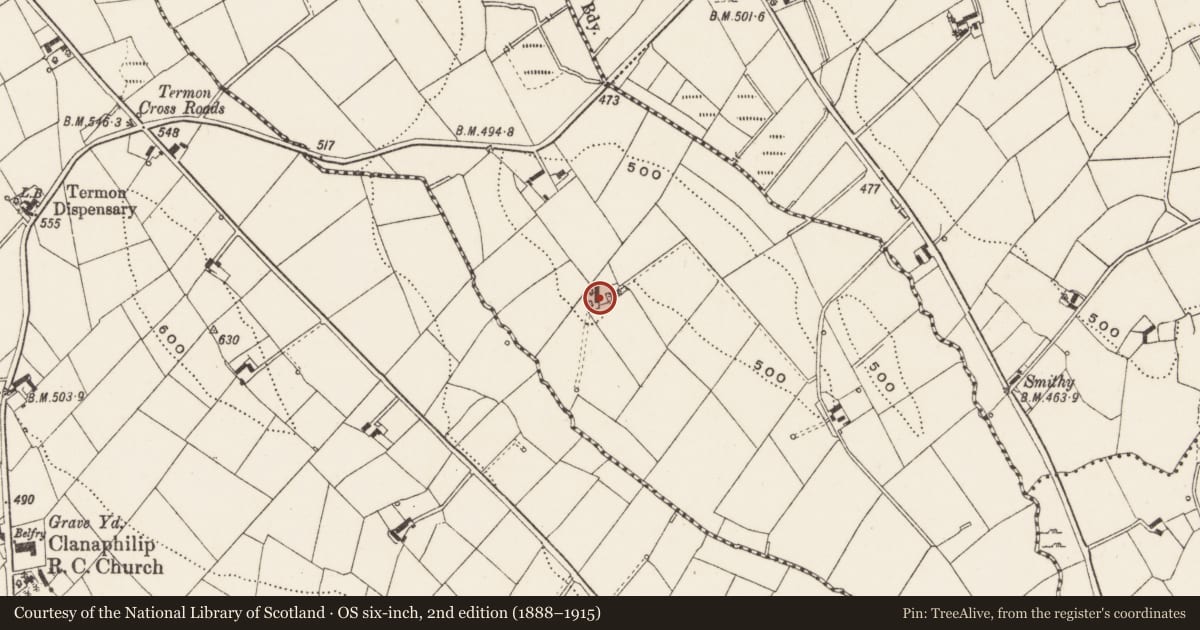Ordnance Survey six-inch map, 2nd edition (1888–1915) covering the location of Enclosure, Greaghnafarna, County Cavan, with a pin at the register's coordinates