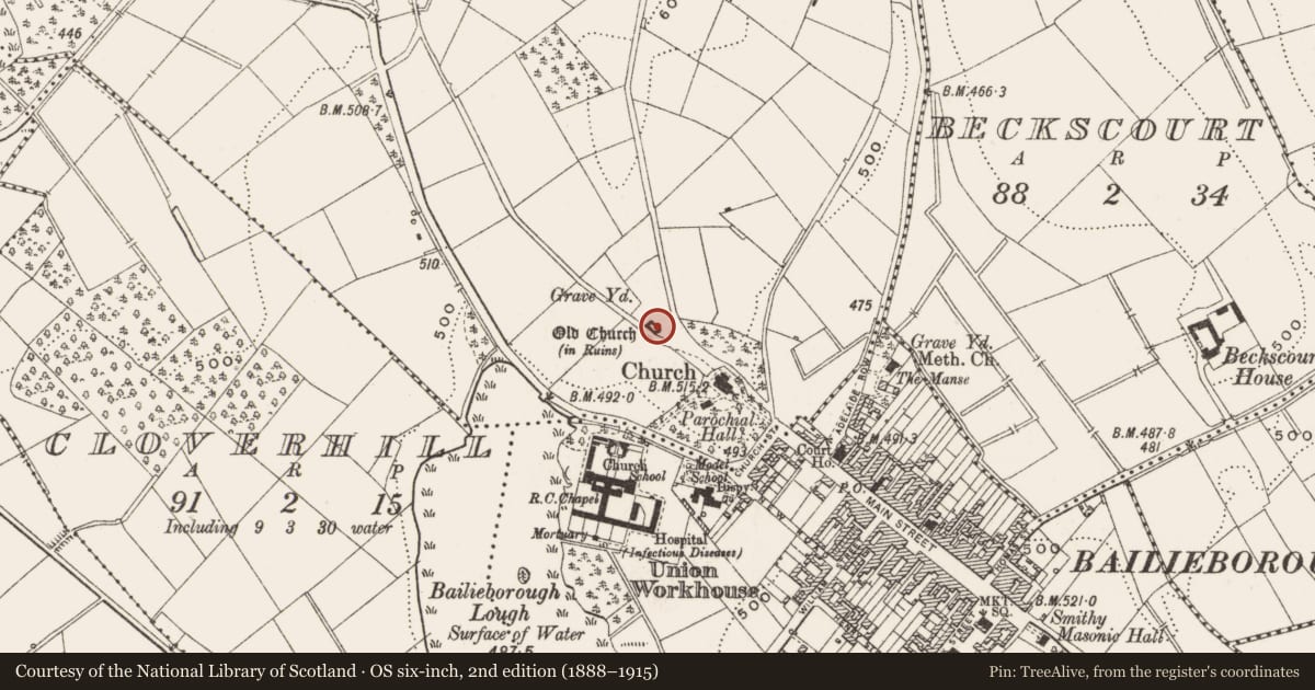 Ordnance Survey six-inch map, 2nd edition (1888–1915) covering the location of Church, Drumbannan, County Cavan, with a pin at the register's coordinates