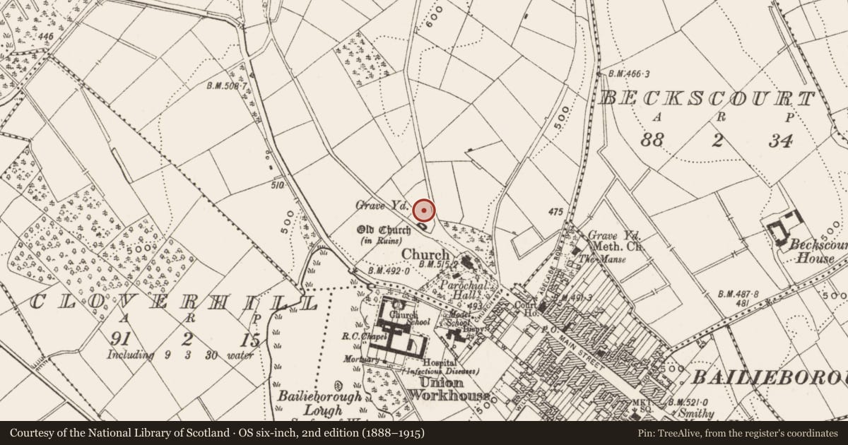 Ordnance Survey six-inch map, 2nd edition (1888–1915) covering the location of Graveyard, Drumbannan, County Cavan, with a pin at the register's coordinates
