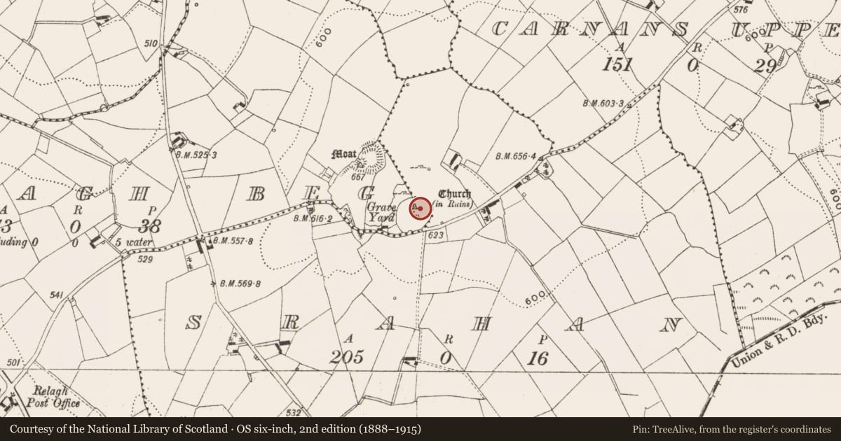 Ordnance Survey six-inch map, 2nd edition (1888–1915) covering the location of Tomb - effigial, Relagh Beg, County Cavan, with a pin at the register's coordinates