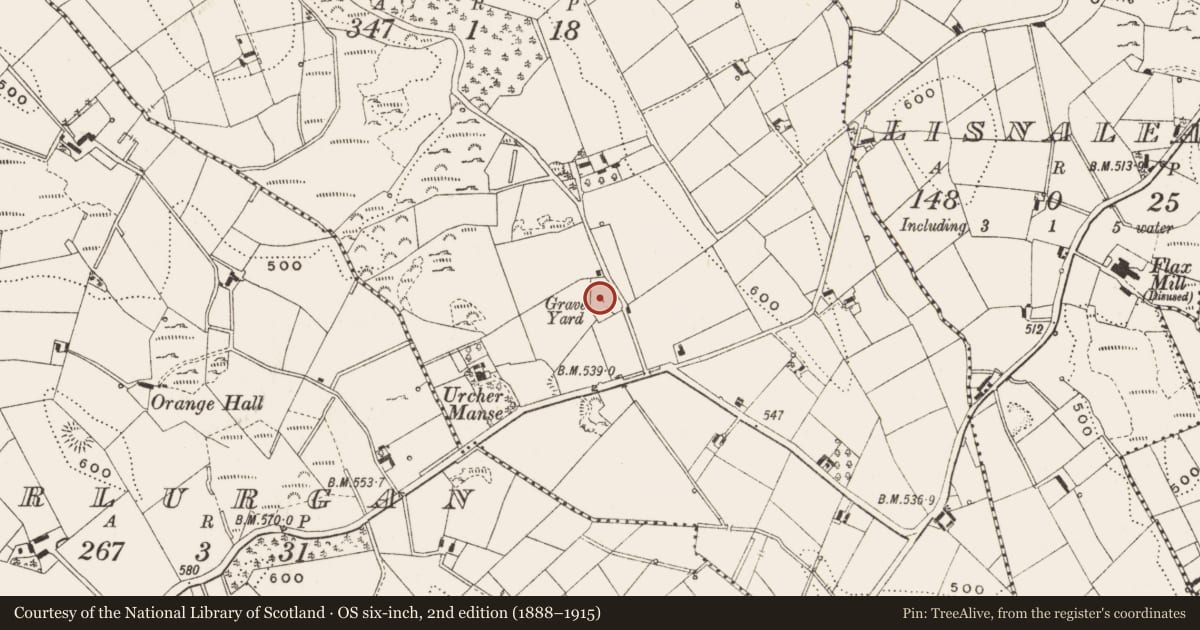 Ordnance Survey six-inch map, 2nd edition (1888–1915) covering the location of Meeting-house, Urcher, County Cavan, with a pin at the register's coordinates