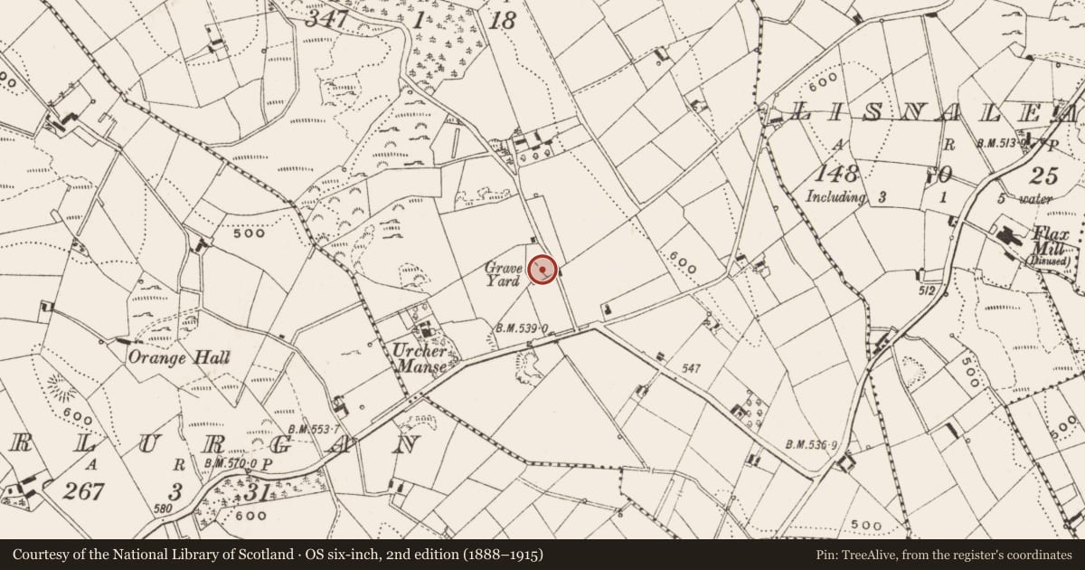 Ordnance Survey six-inch map, 2nd edition (1888–1915) covering the location of Burial ground, Urcher, County Cavan, with a pin at the register's coordinates