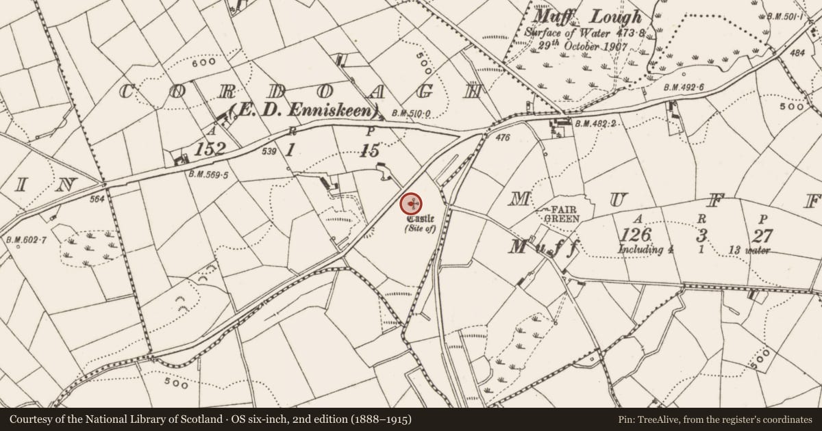 Ordnance Survey six-inch map, 2nd edition (1888–1915) covering the location of Castle - unclassified, Cordoagh, County Cavan, with a pin at the register's coordinates
