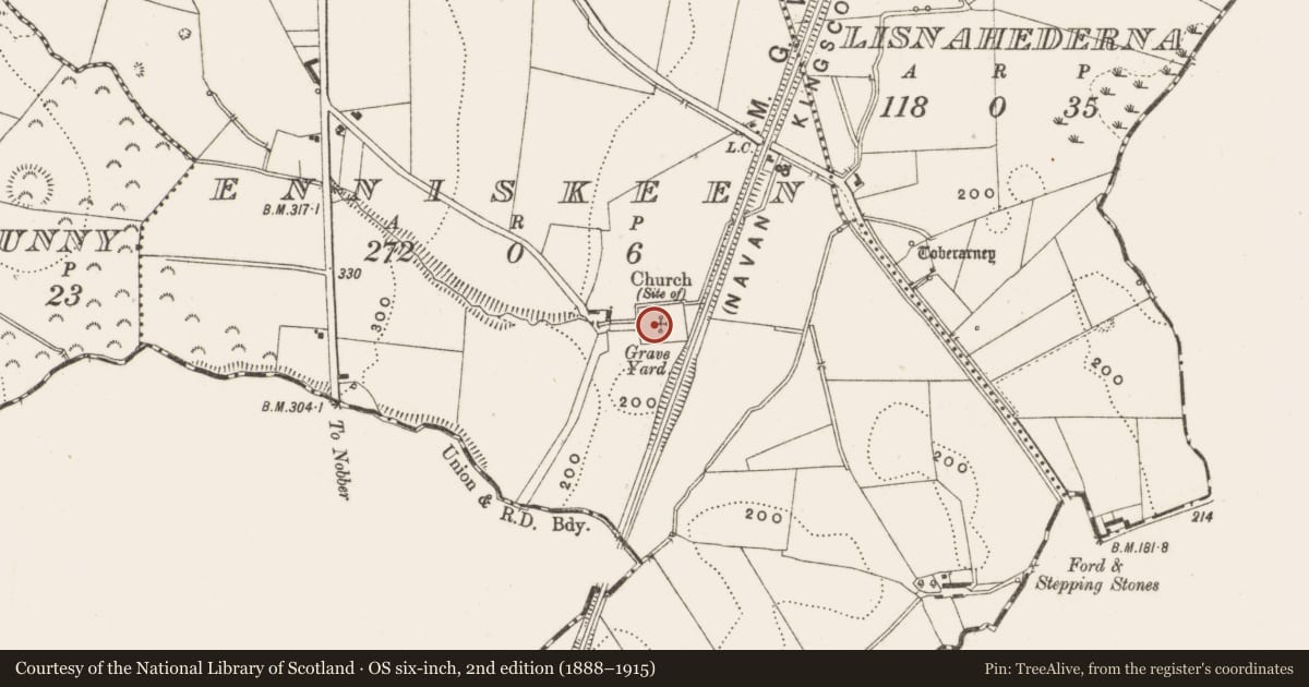 Ordnance Survey six-inch map, 2nd edition (1888–1915) covering the location of Graveyard, Enniskeen, County Cavan, with a pin at the register's coordinates