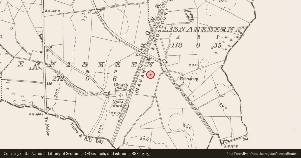 Ordnance Survey six-inch map, 2nd edition (1888–1915) covering the location of Ringfort - unclassified, Enniskeen, County Cavan, with a pin at the register's coordinates