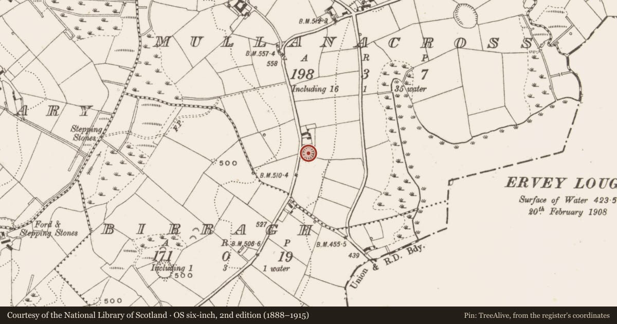 Ordnance Survey six-inch map, 2nd edition (1888–1915) covering the location of Ringfort - rath, Mullanacross, County Cavan, with a pin at the register's coordinates